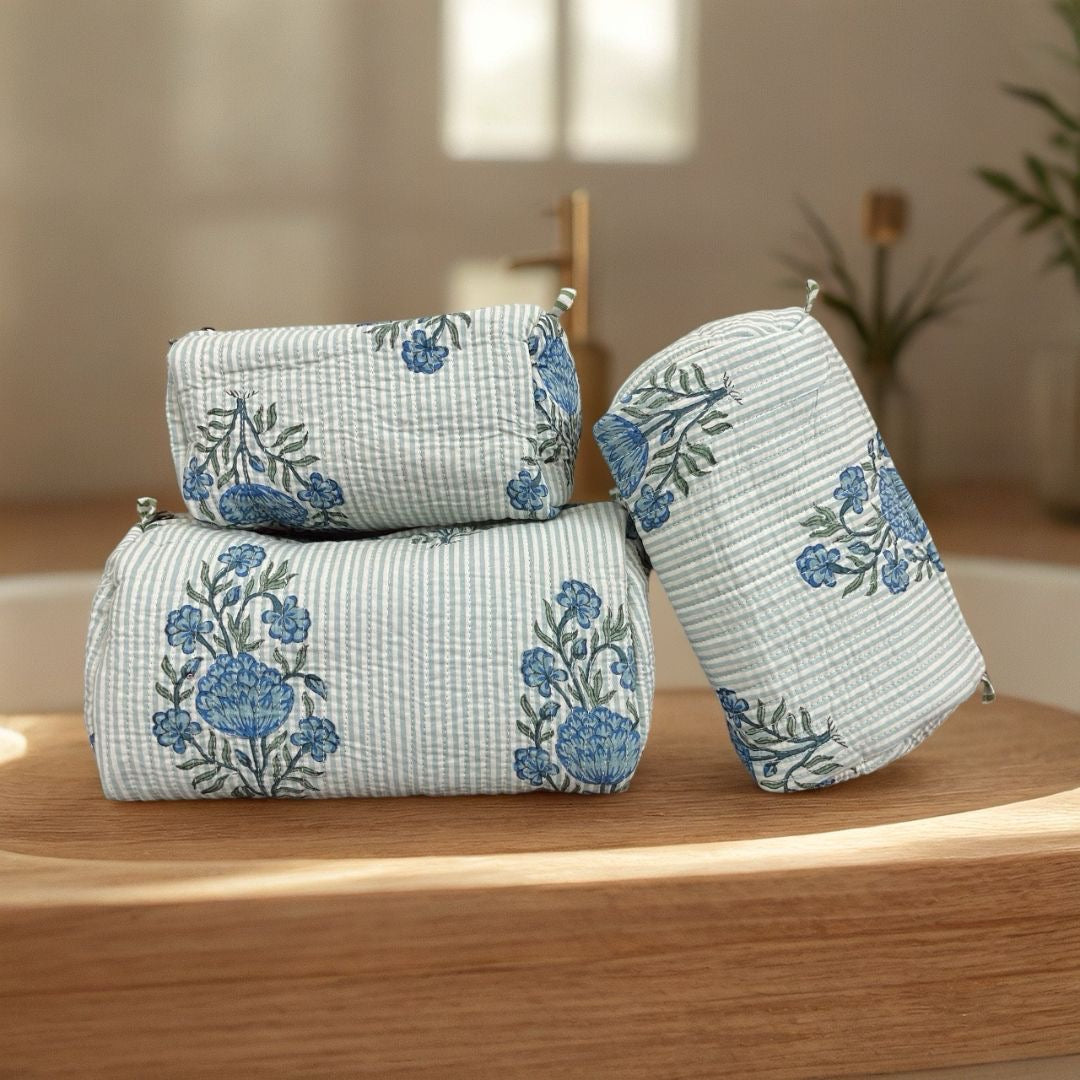 English Blue Stripe Pouch (Set of 3)