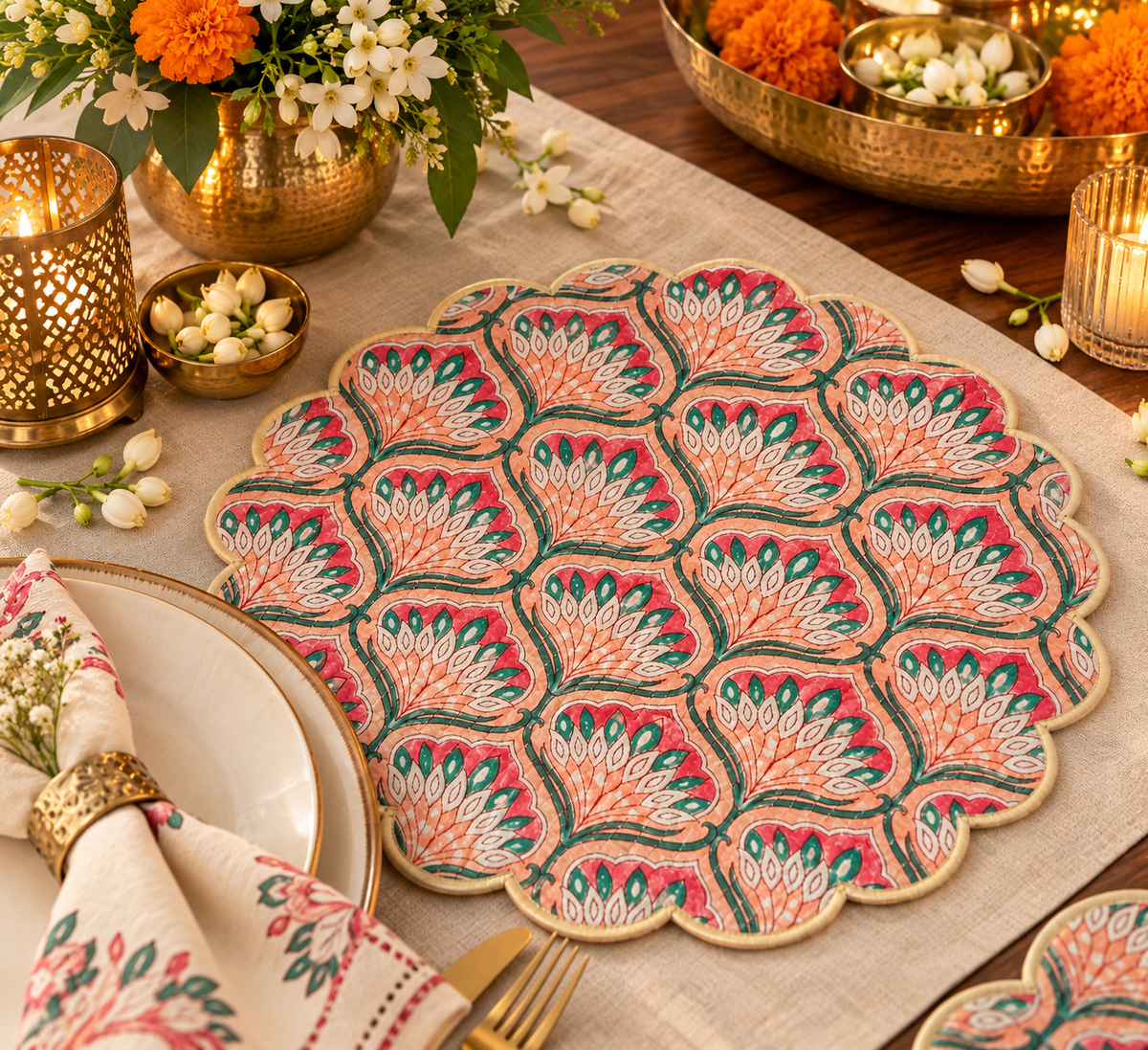 Peach Mughal Round Scalloped Mats