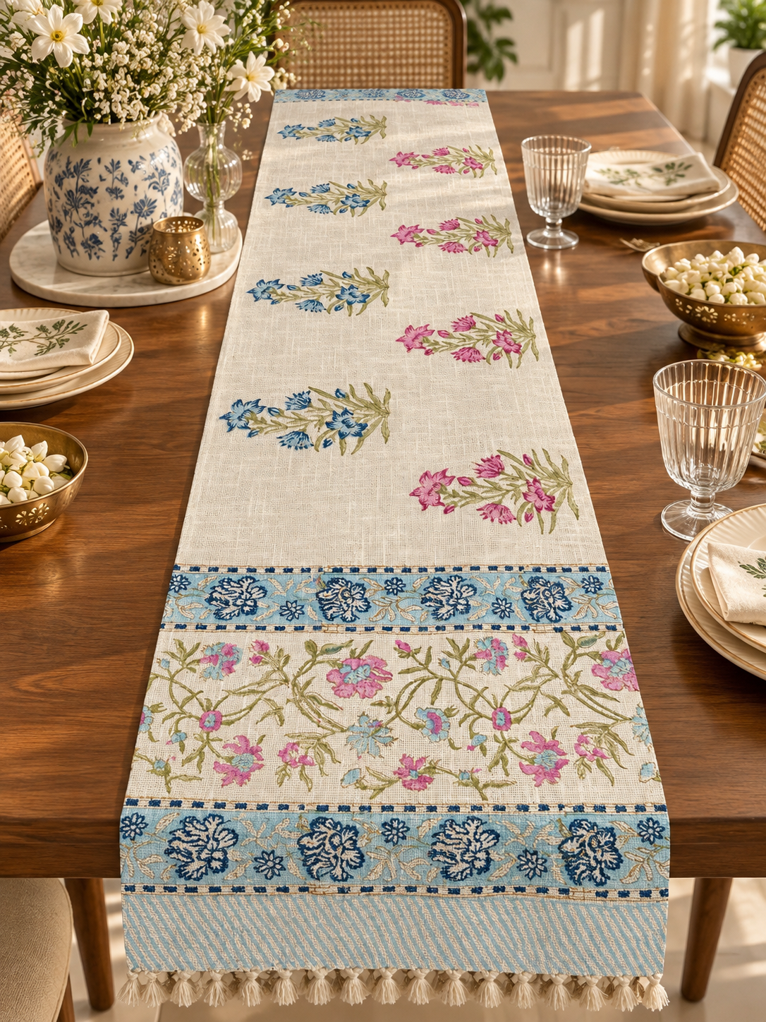 Pink and Blue Butaa Jute Runner