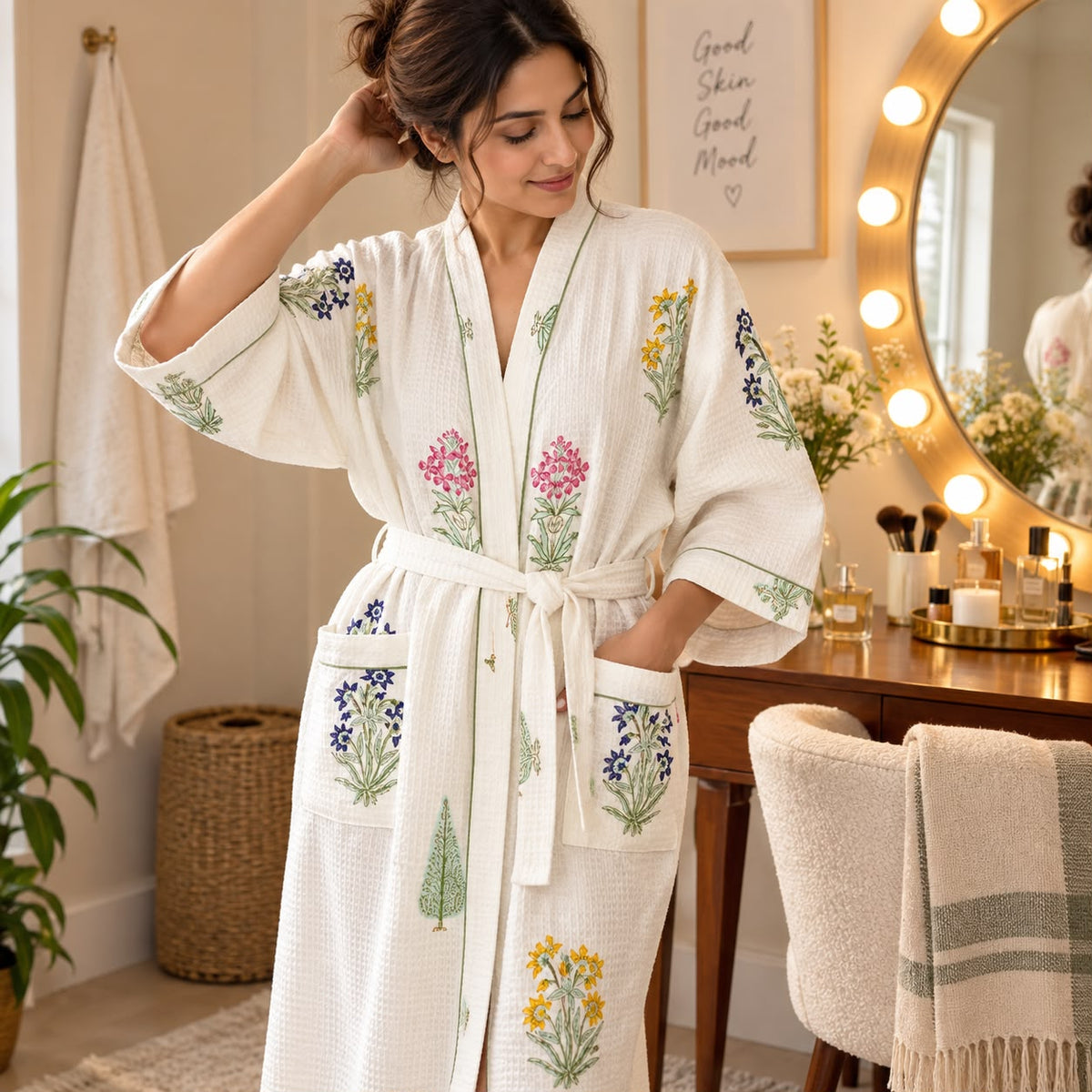 Multicolor Butaa Hand block Bathrobe