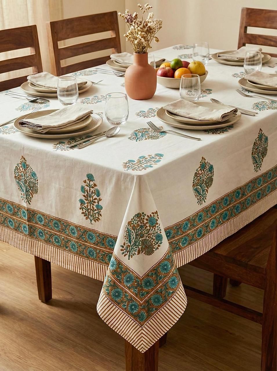 Green Butaa Table Cover - 6 Seater