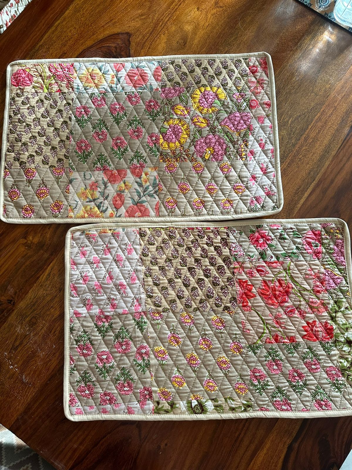 Beige Patchwork Quilted Reversible Table Mats