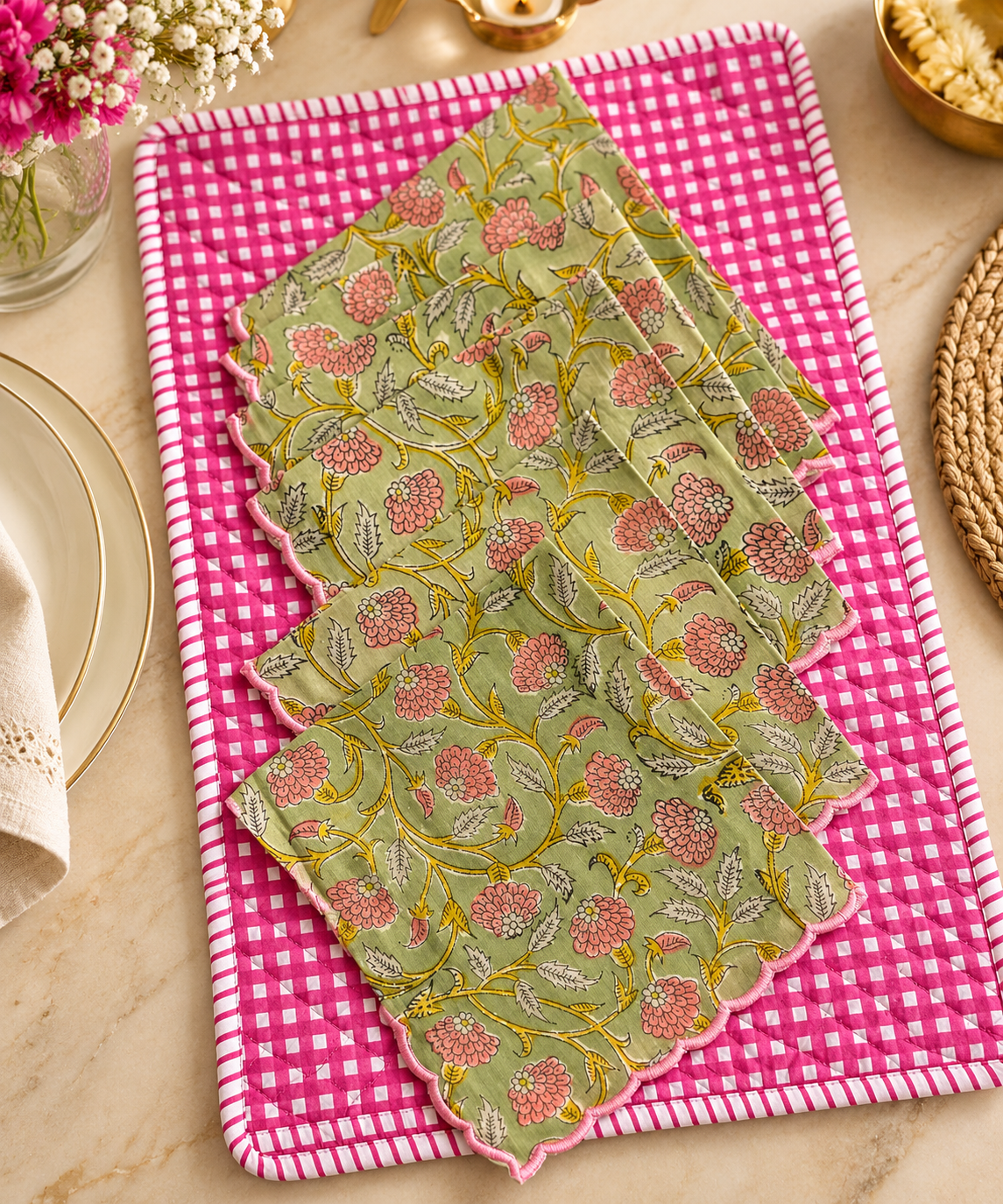 Pink Gingham Quilted Mat Set with Napkins