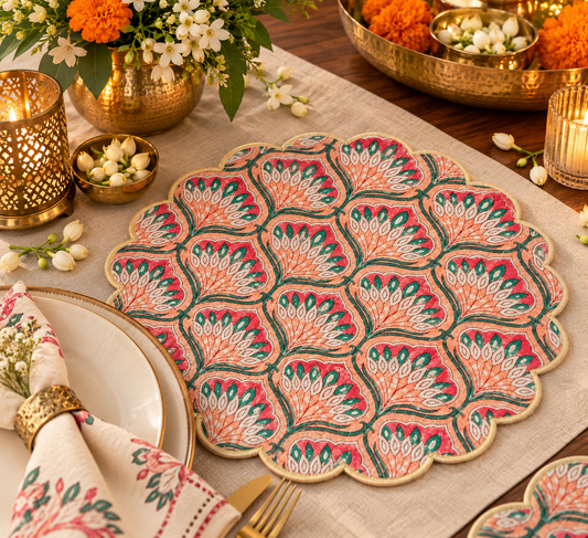Peach Mughal Round Scalloped Mats