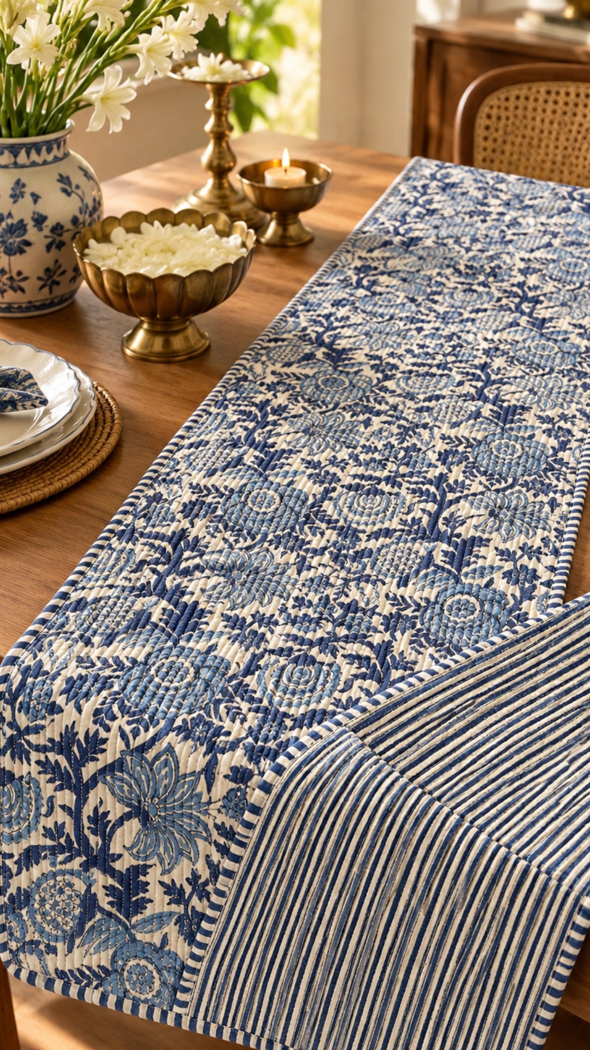 Blue Pottery Quilted Reversible Runner