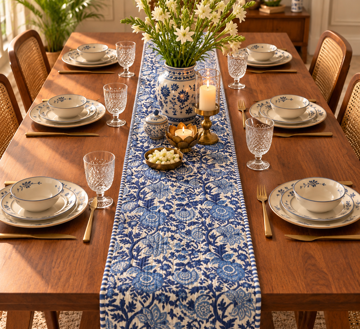 Blue Pottery Quilted Reversible Runner