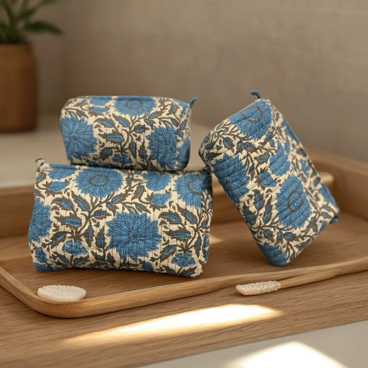 Beige & Blue Pouch (Set of 3)