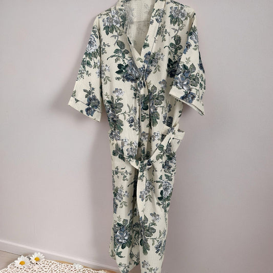 Cream & Blue Bagh Bathrobe