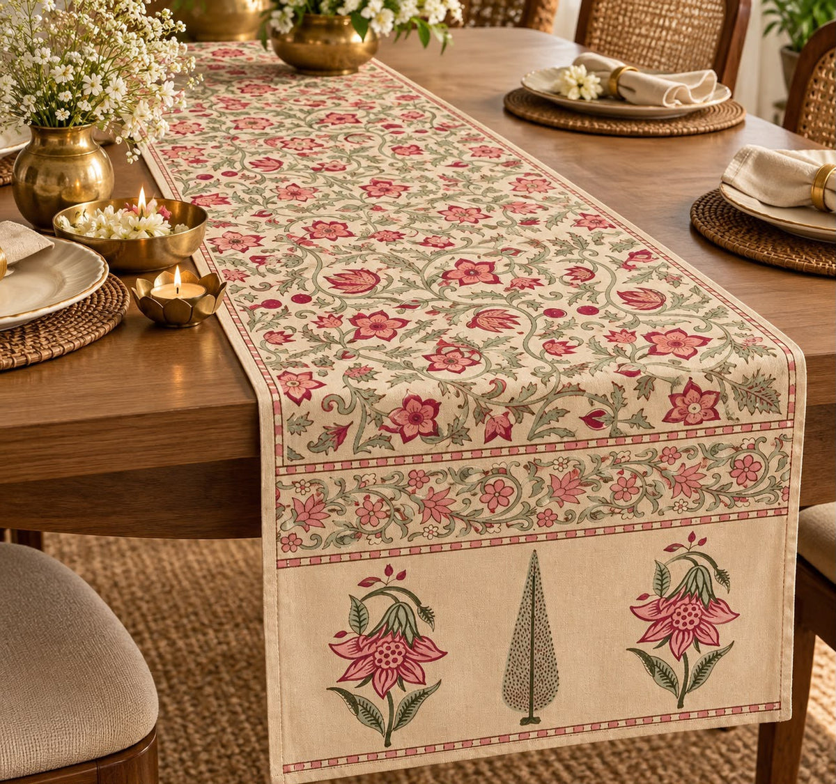 Fuschia Beige Butaa Table Runner