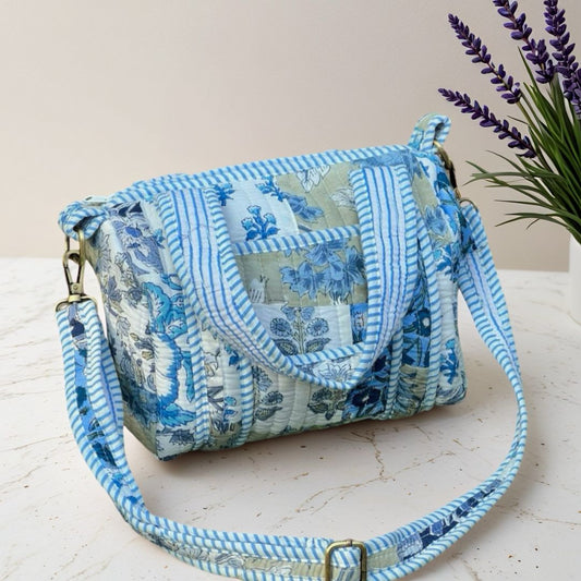 Blue Patchwork Mini Duffle Tote With Sling