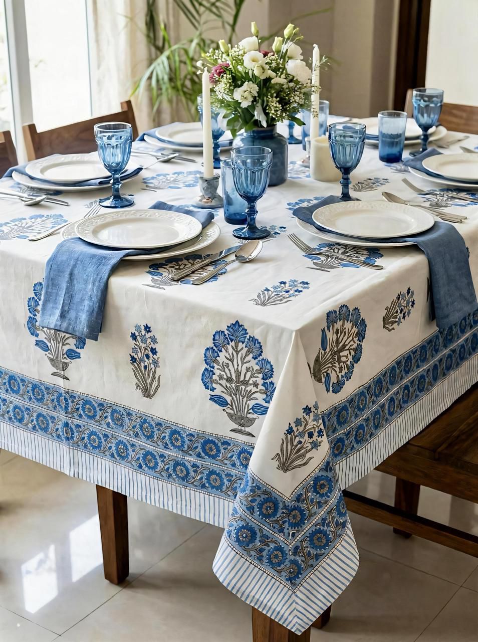 Blue Butaa Table Cover - 6 Seater