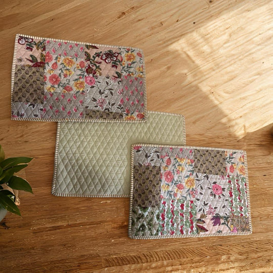 Beige Patchwork Quilted Reversible Table Mats