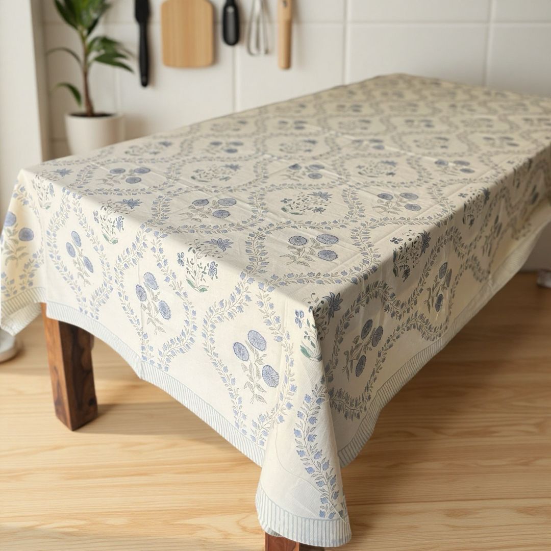 Cream Blue Butaa Table Cover - 6 Seater