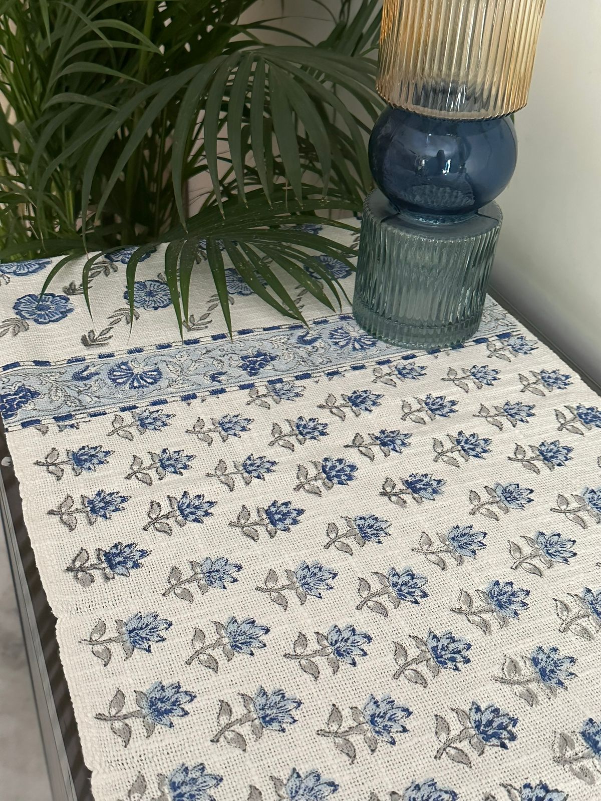 Blue Butti White Jute Runner
