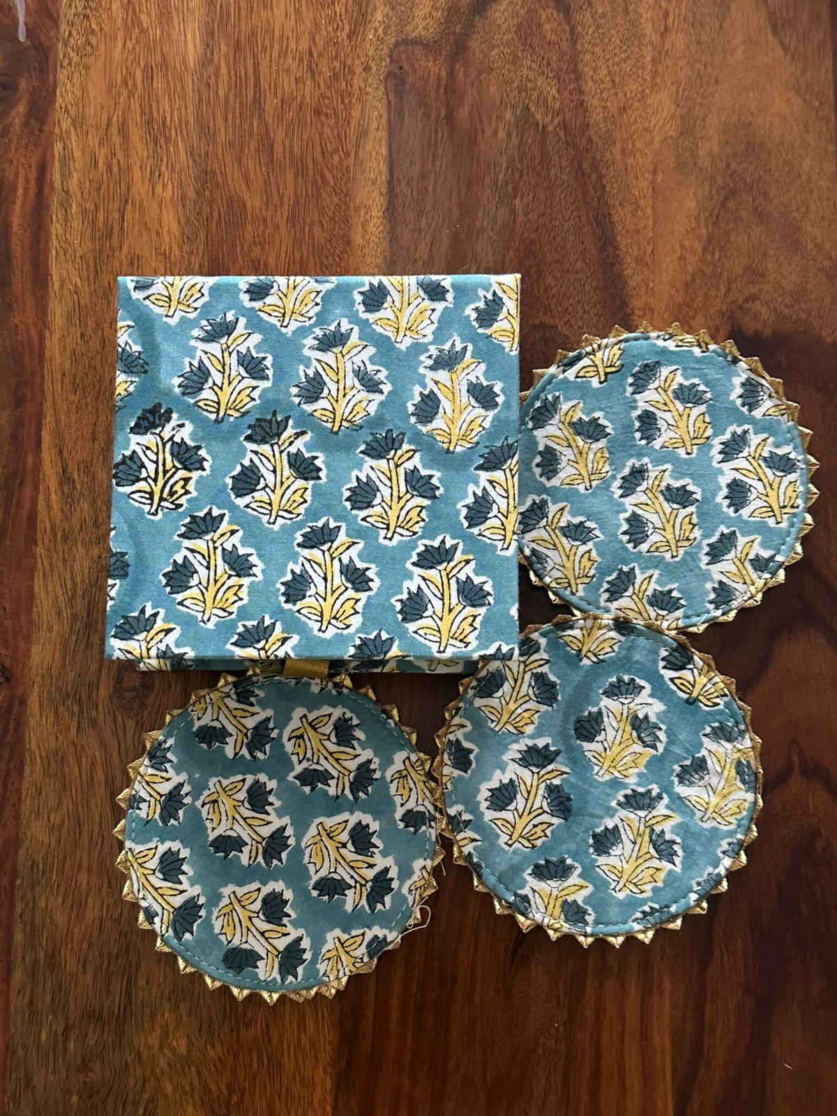 Denim Blue and Yellow Butaa Coaster (Set of 6)