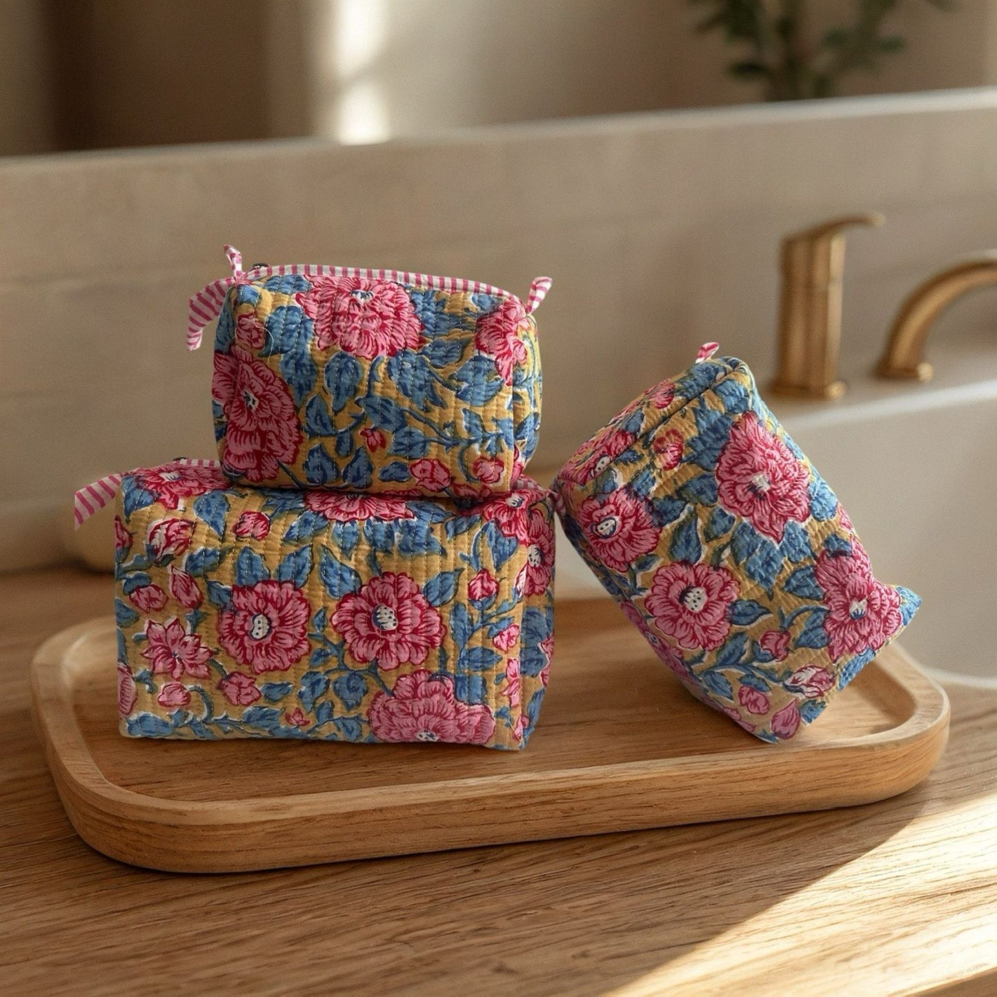 Mustard and Pink Bloom Butaa (Set of 3)