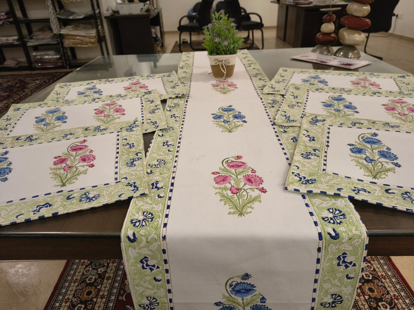 Royal Blue and Pink Butaa Runner Mat Set