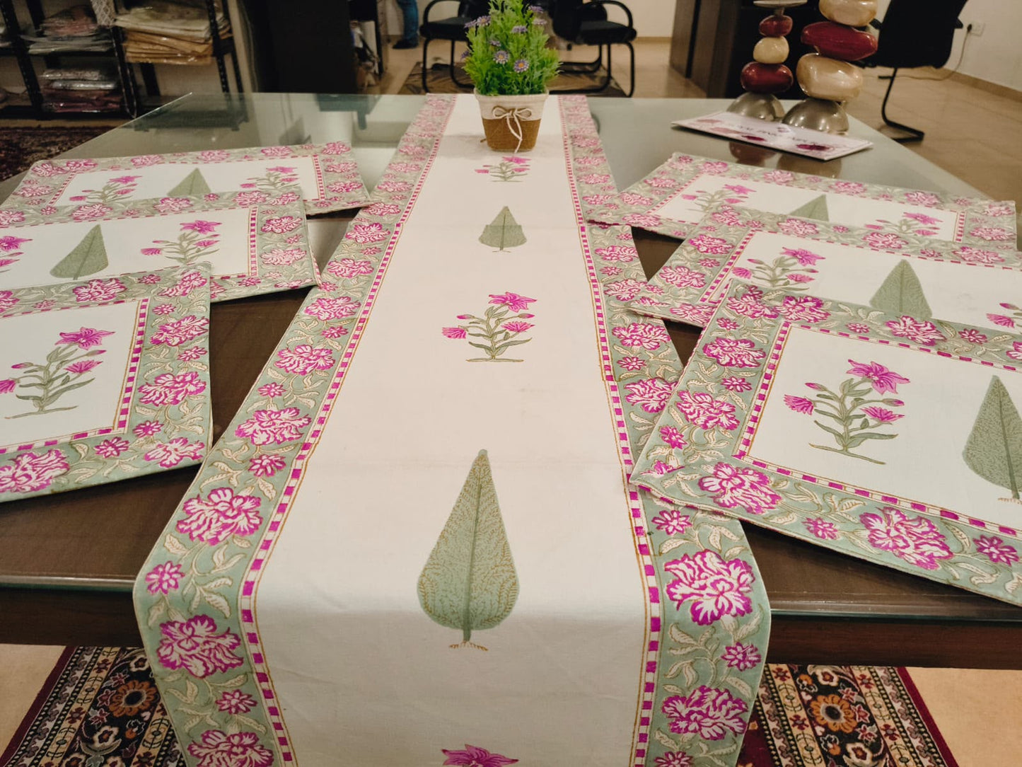 Sage Green and Pink Butaa Runner Mat Set